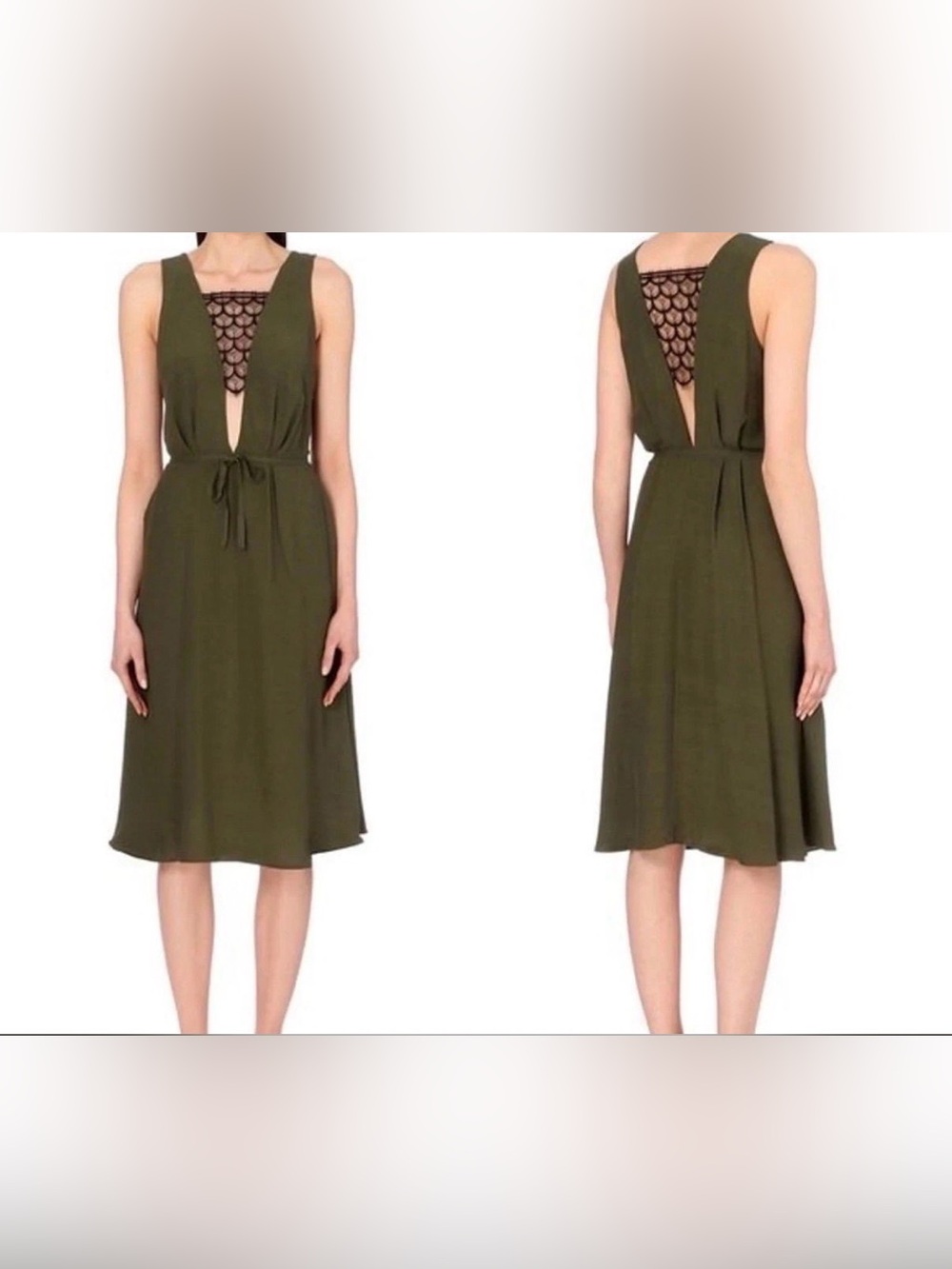 Sandro Paris Olive Green Sleeveless Midi Dress with Lace Yoke